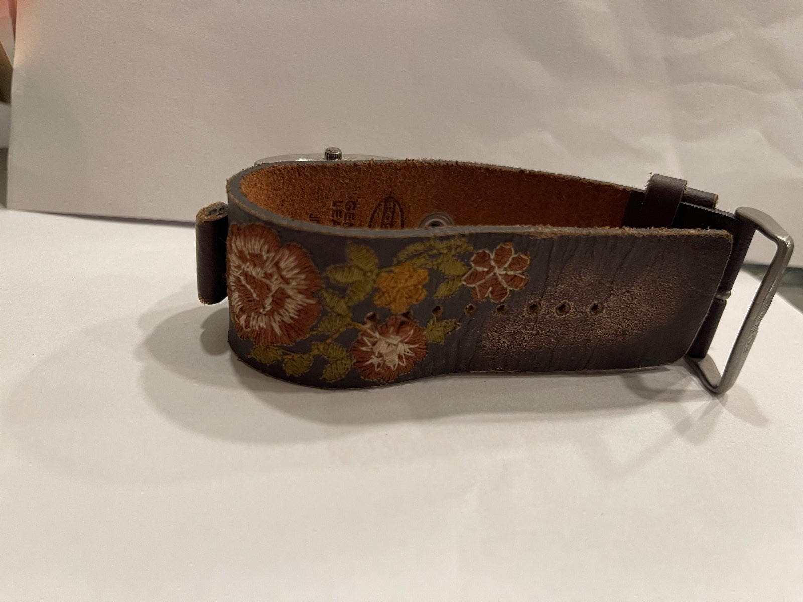 Fossil Women's Genuine Leather Brown Floral Cuff Wristwatch