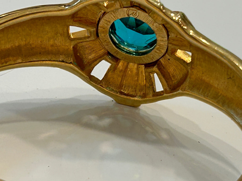 Vtg Swarovski Teal Crystal Gold Tone Hinged Bracelet Swan