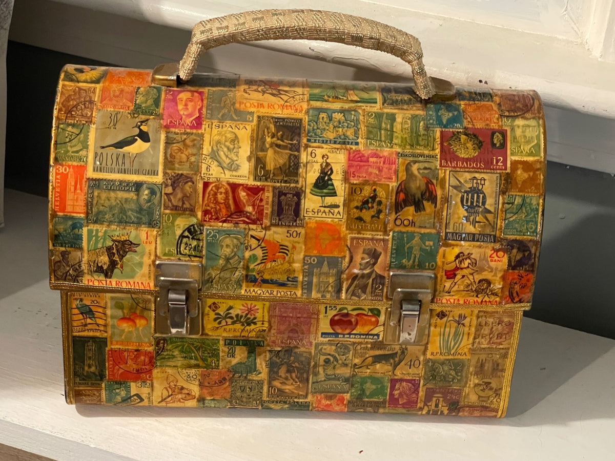 Vintage International Postage Stamp Decoupage Box Purse