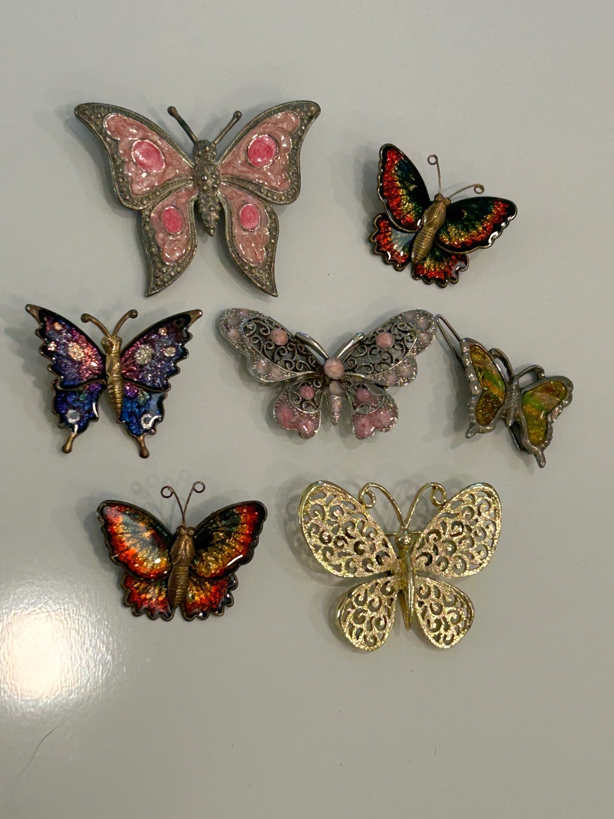 Vintage Butterfly Brooch Pin Lot 6 Pins 1 Hair Clip Enamel Filigree Rhinestone