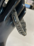Mesh Silvertone Bracelet w/Hematite Cabochon & Filigree Heart Accent