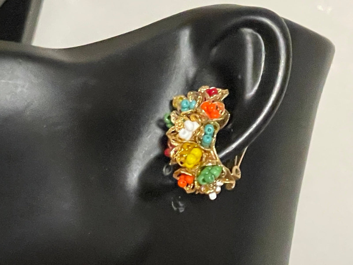 Vintage Colorful Seed Bead ‘Flower’ Clipon Earrings