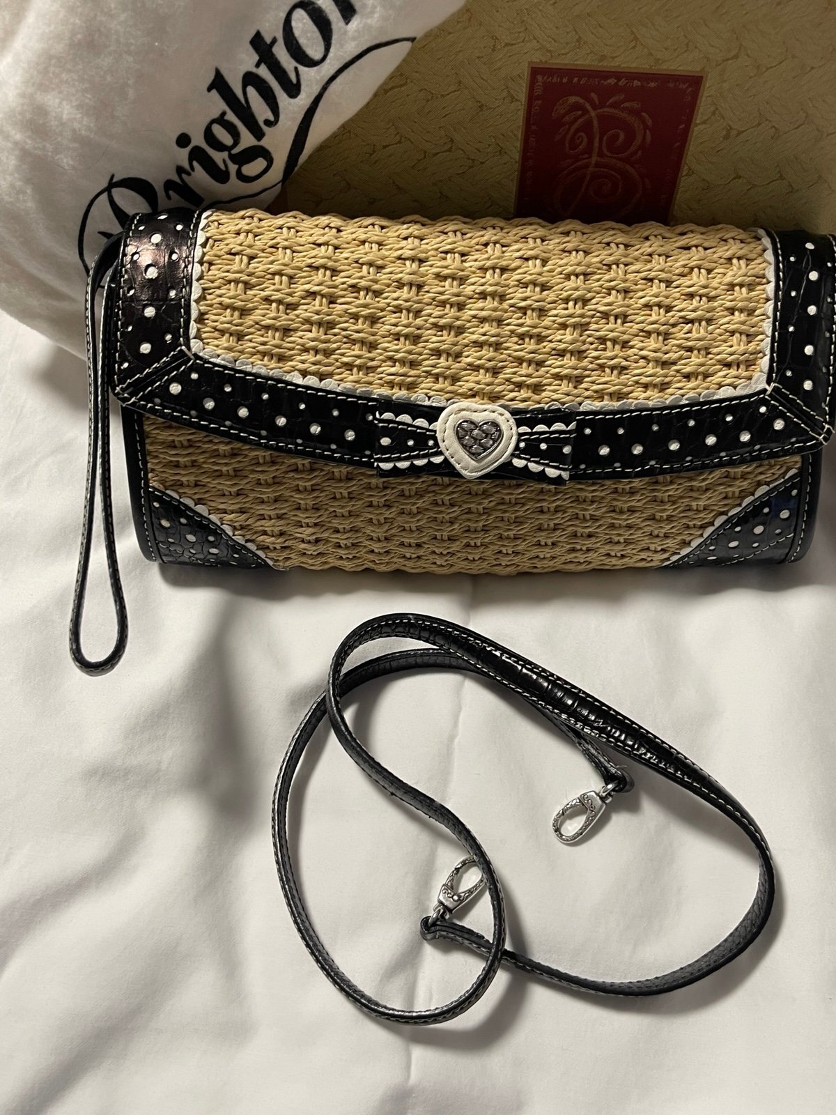 Brighton Straw Woven Heart Crossbody Clutch Bag Polka Dot Leather Trim w/ Box
