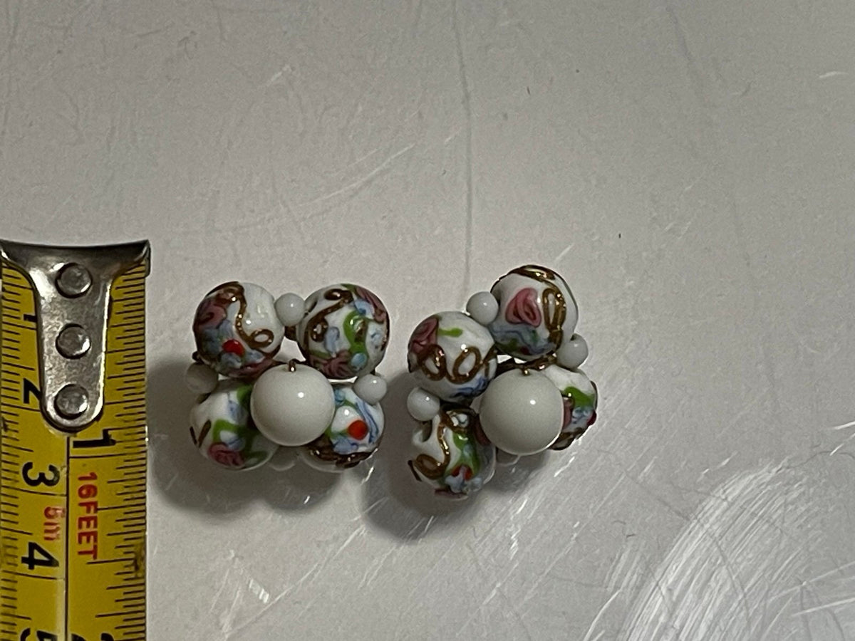 Vintage Hand-Blown Lampwork Italian Wedding Bead Cluster Clip-On Earrings