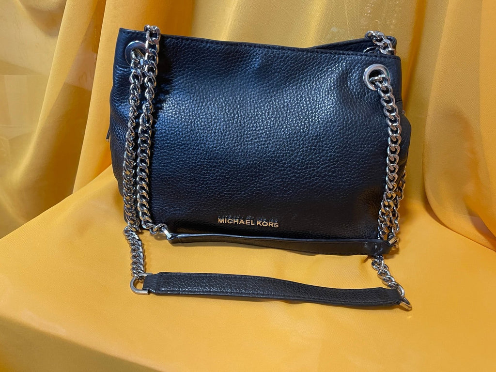 Michael Kors Black Pebbled Leather Chain Shoulder Bag Double Compartment