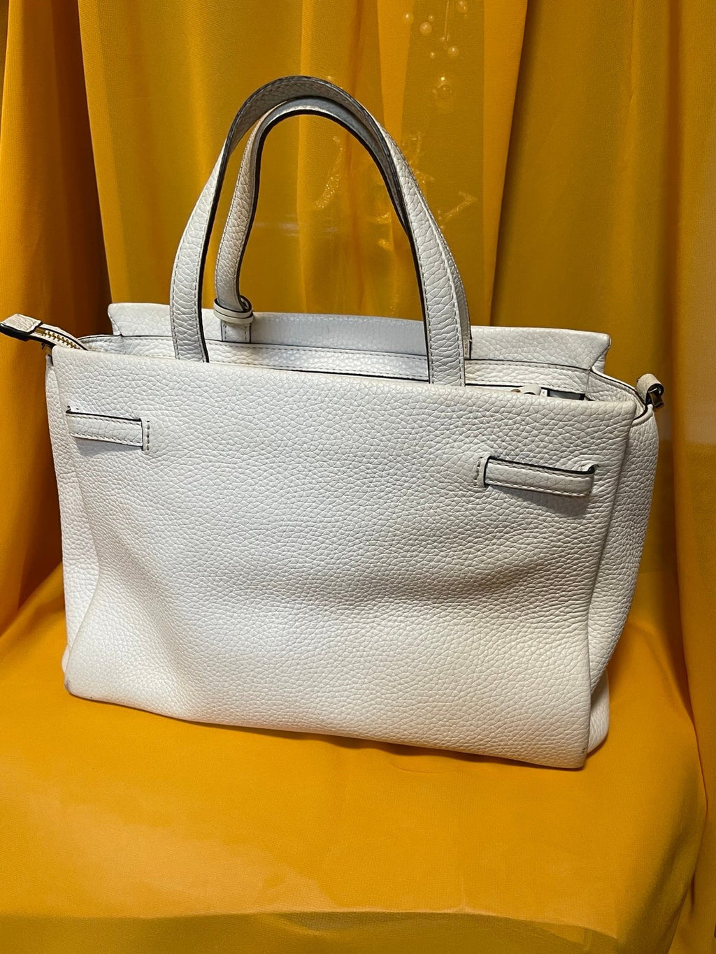 Kate Spade Cream Pebbled Leather Satchel Tote Crossbody Bag Belt Detail