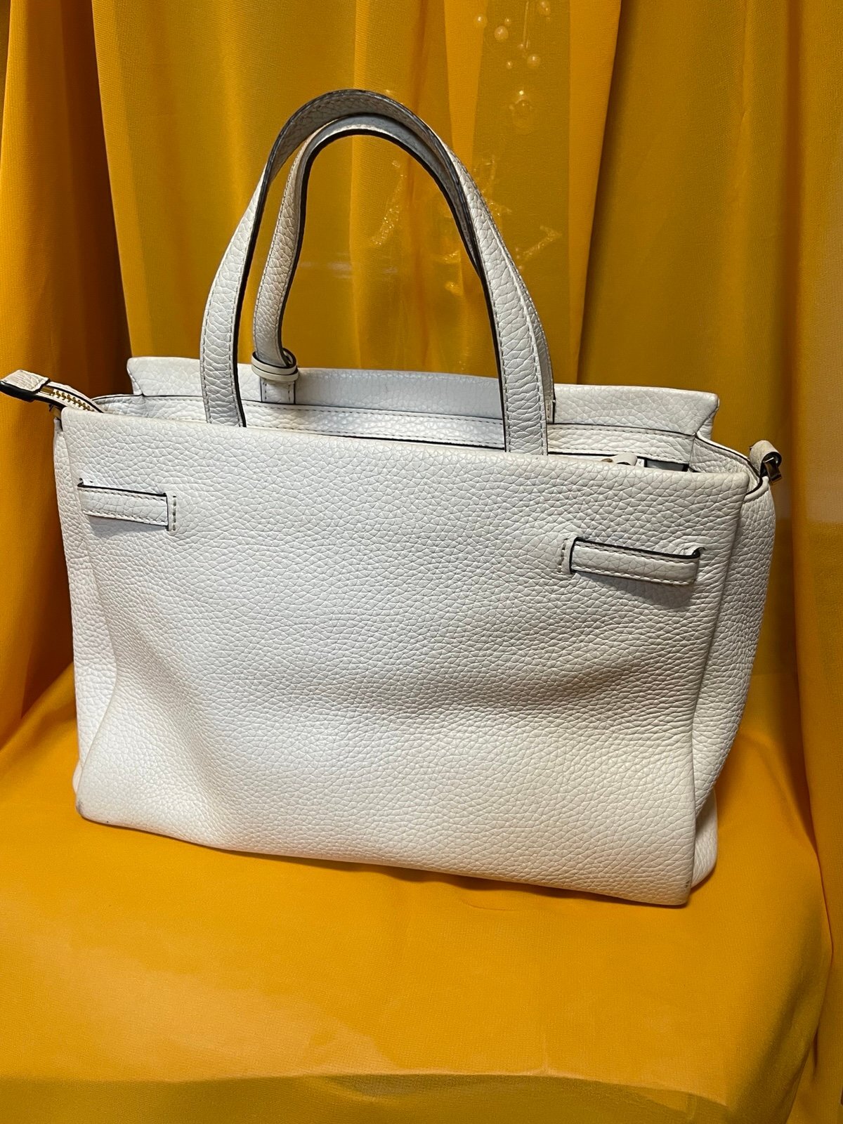 Kate Spade Cream Pebbled Leather Satchel Tote Crossbody Bag Belt Detail