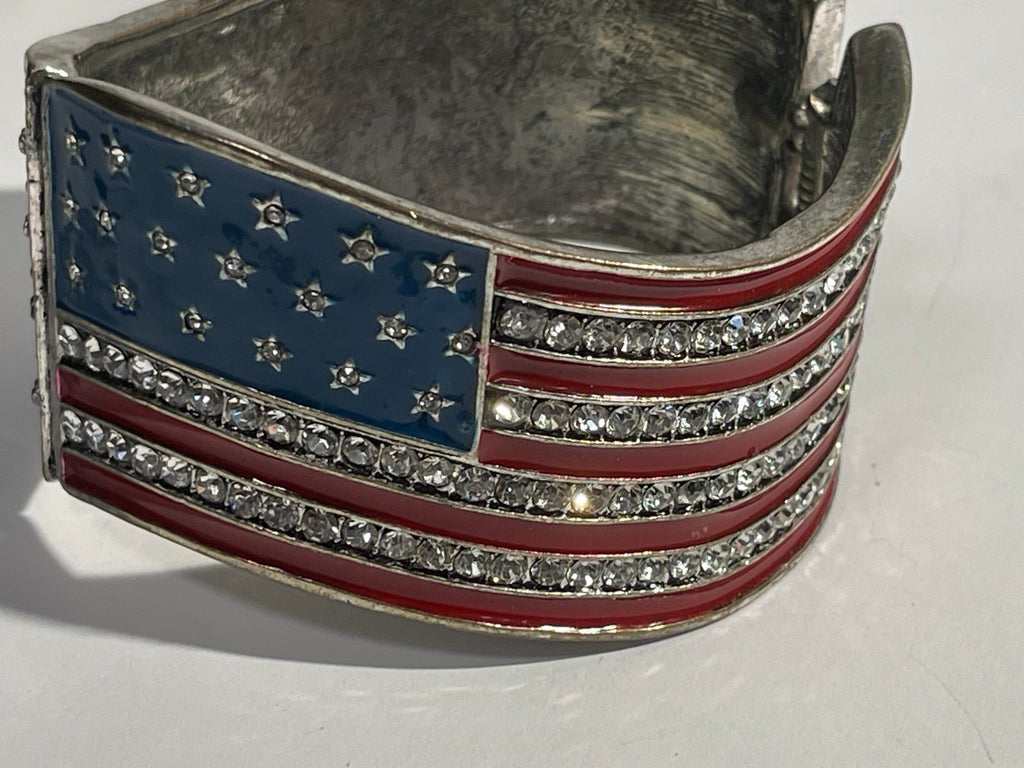 American Flag Gunmetal Tone Rhinestone & Enamel Hinge Cuff Bracelet