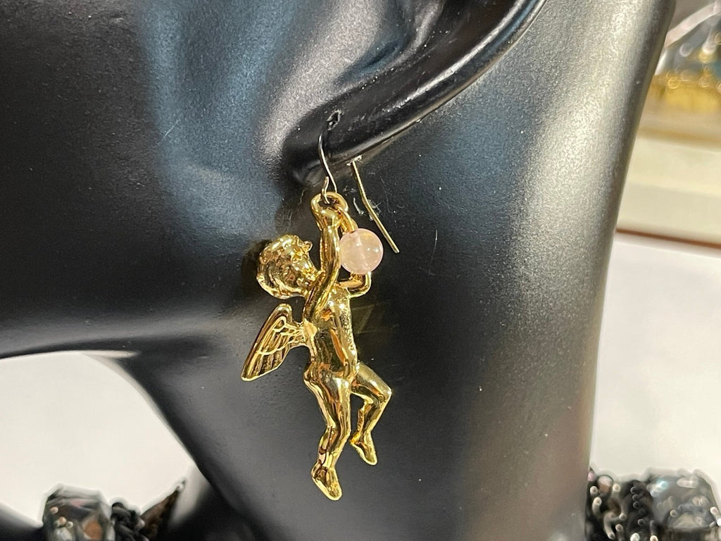 Lee Sands Goldtone Cherub Dangle Earrings with Rose Quartz Orb