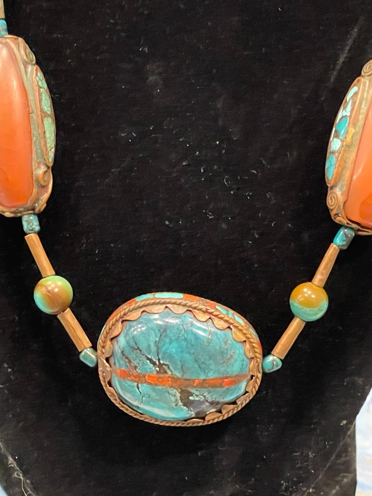 Vintage 60s/70s Brass Coral & Turquoise Scarab 20in Necklace