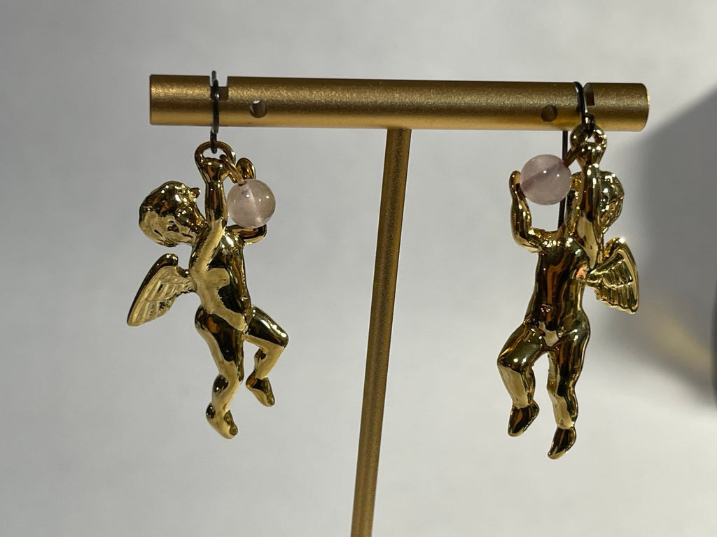 Lee Sands Goldtone Cherub Dangle Earrings with Rose Quartz Orb