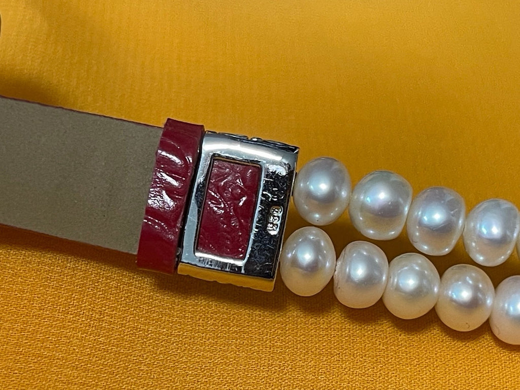 Fabulous Pearl and Sterling on Red Leather Buckle  Bracelet