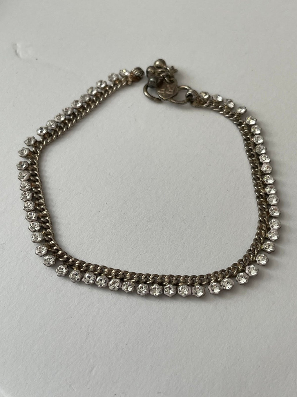 Vintage Asian Tribal Silver Toned Payal Anklet w\Dangle Rhinestones