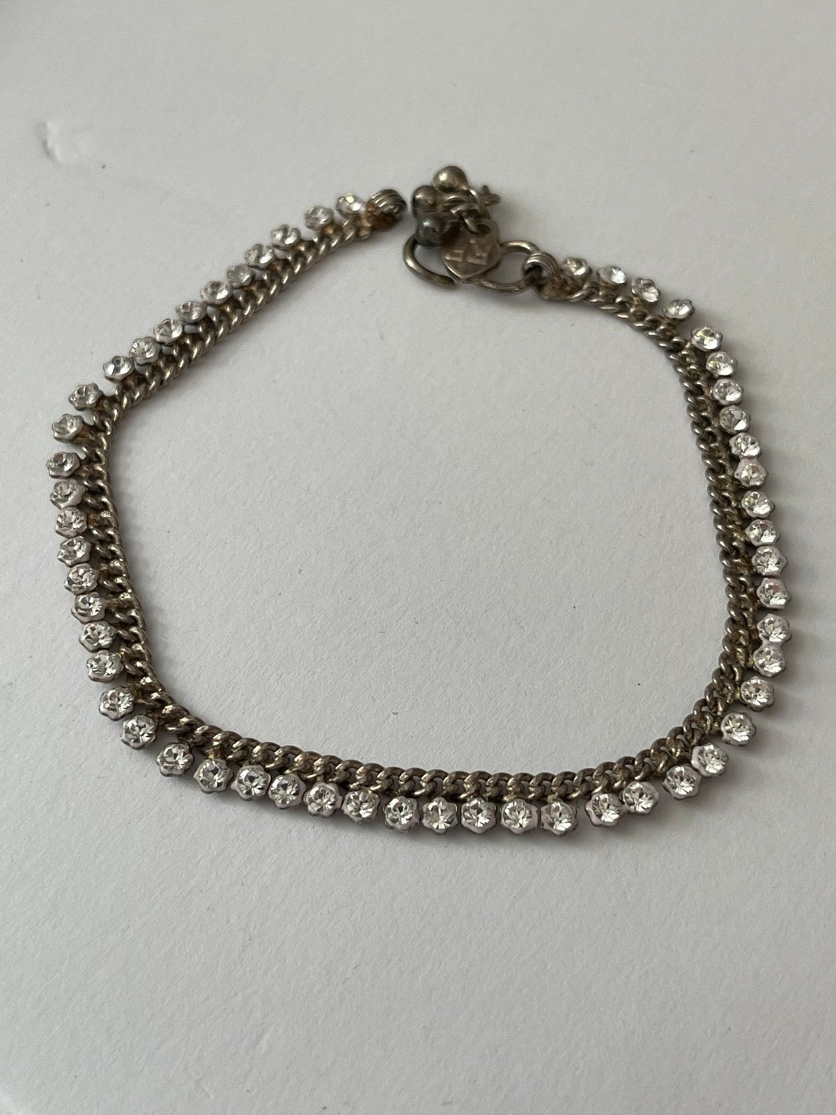 Vintage Asian Tribal Silver Toned Payal Anklet w\Dangle Rhinestones