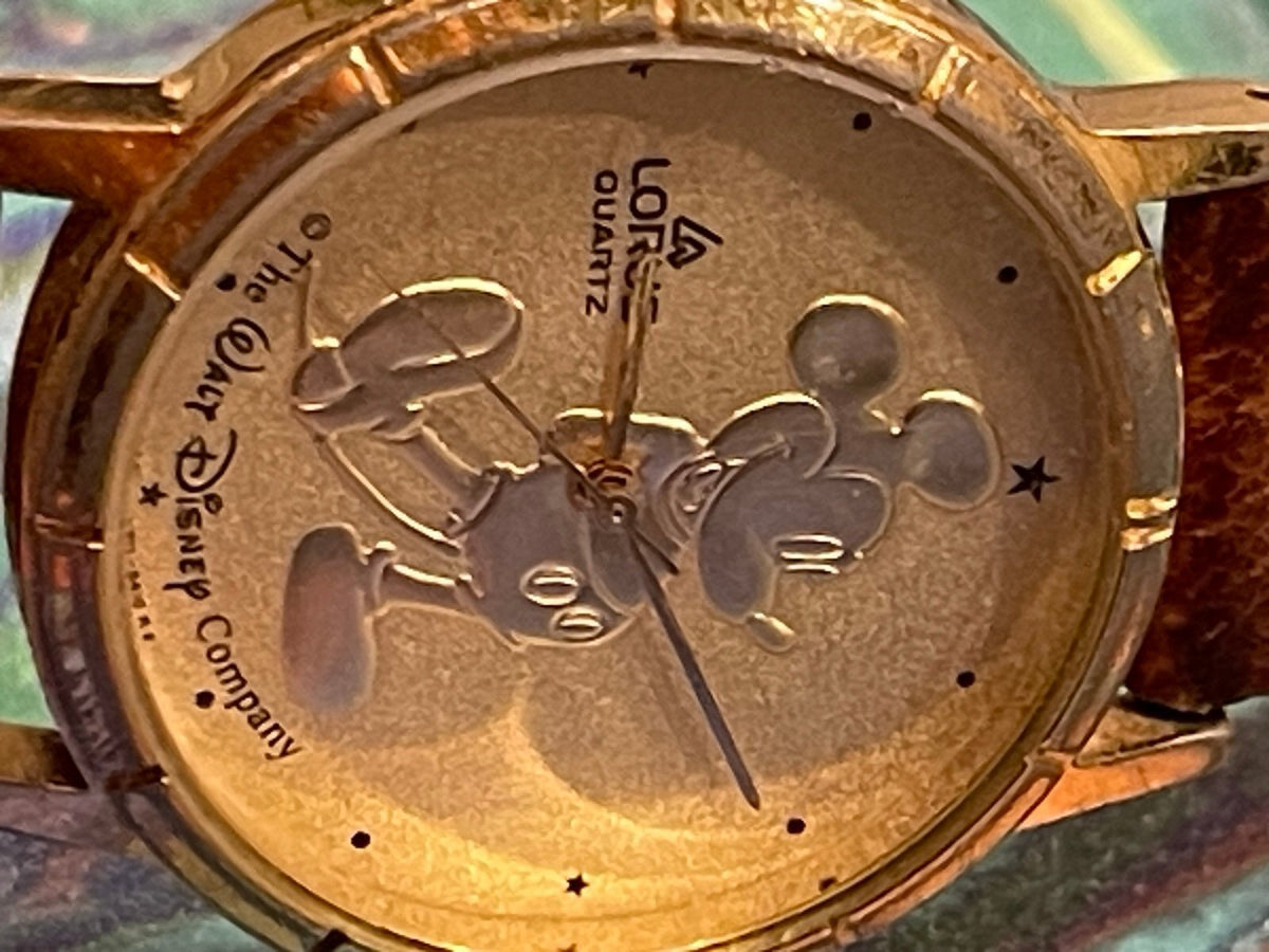 Mickey Mouse Lorus Watch Gold-tone Bezel Leather Band w/Mickey Emblems