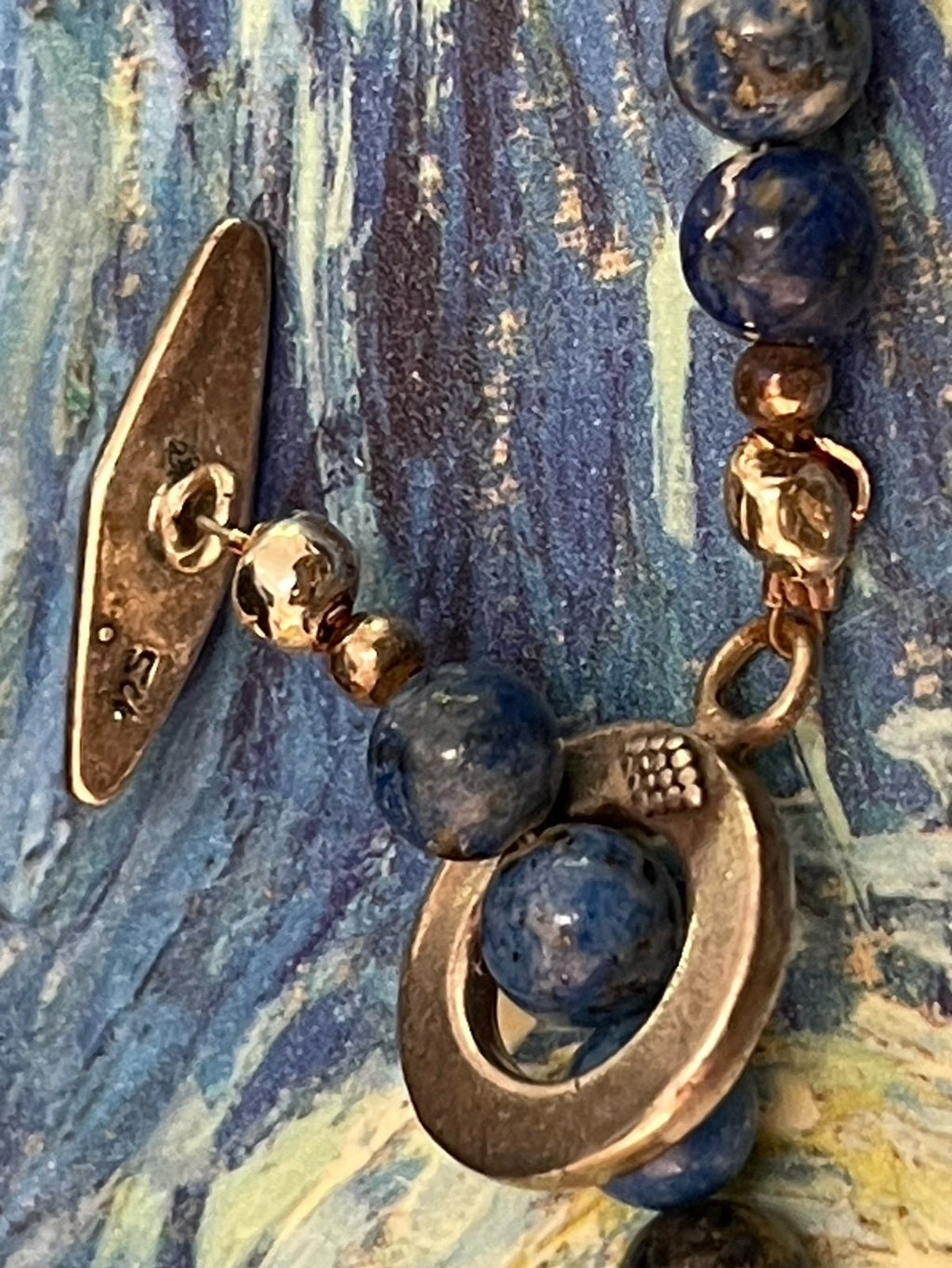 21” Lapis Lazuli Beaded Necklace w/ .925 Sterling Clasp & Egyptian Revival Piece