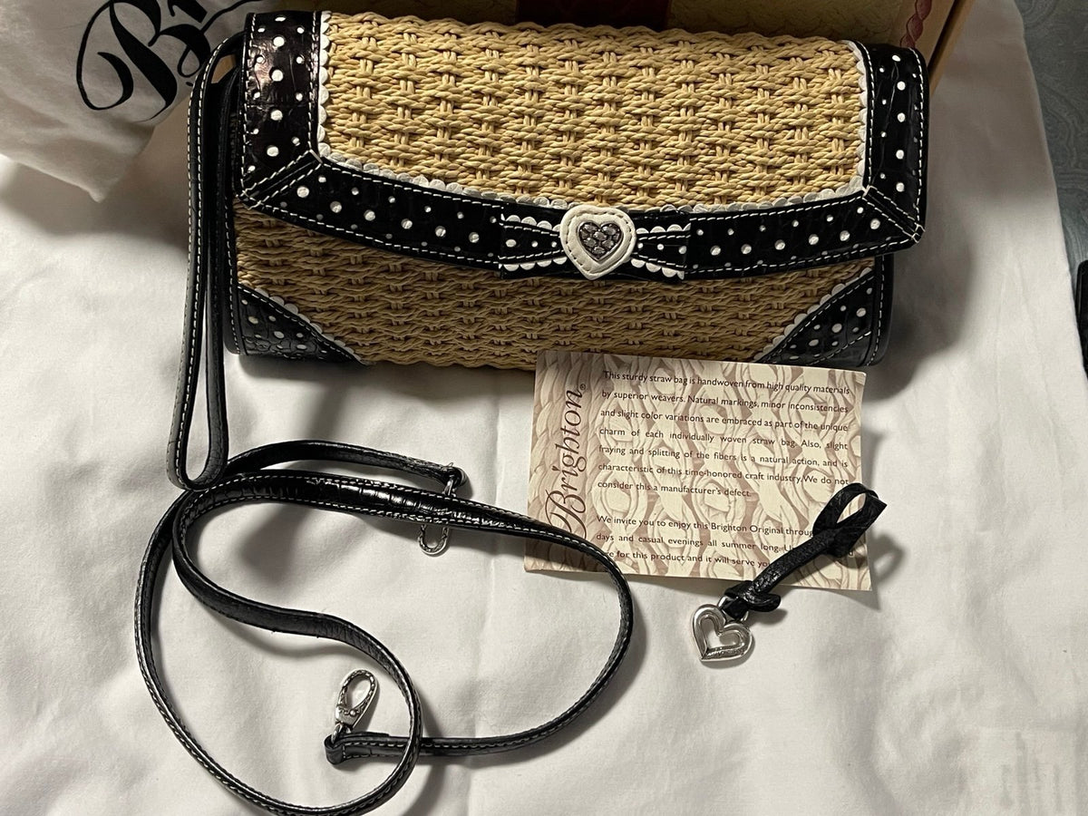 Brighton Straw Woven Heart Crossbody Clutch Bag Polka Dot Leather Trim w/ Box