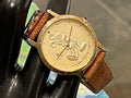 Mickey Mouse Lorus Watch Gold-tone Bezel Leather Band w/Mickey Emblems