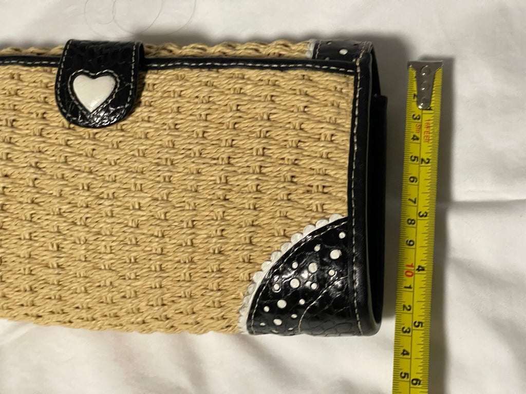 Brighton Straw Woven Heart Crossbody Clutch Bag Polka Dot Leather Trim w/ Box