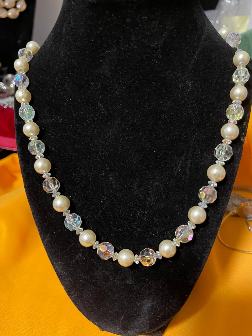24″ Bergère Aurora Borealis Crystal & Faux Pearl Necklace