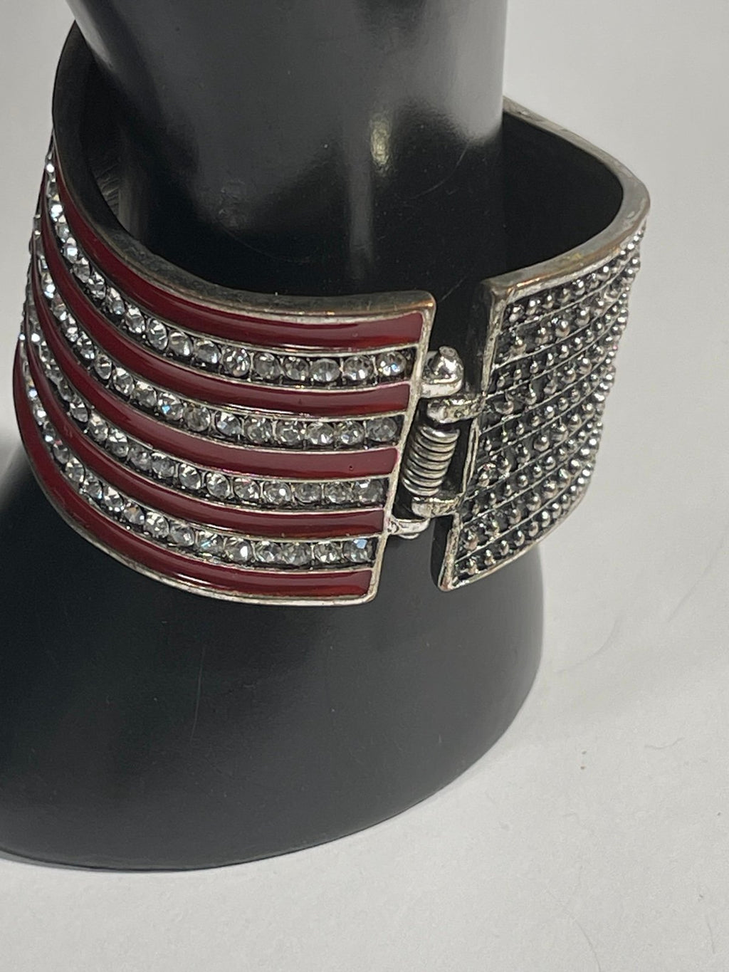 American Flag Gunmetal Tone Rhinestone & Enamel Hinge Cuff Bracelet
