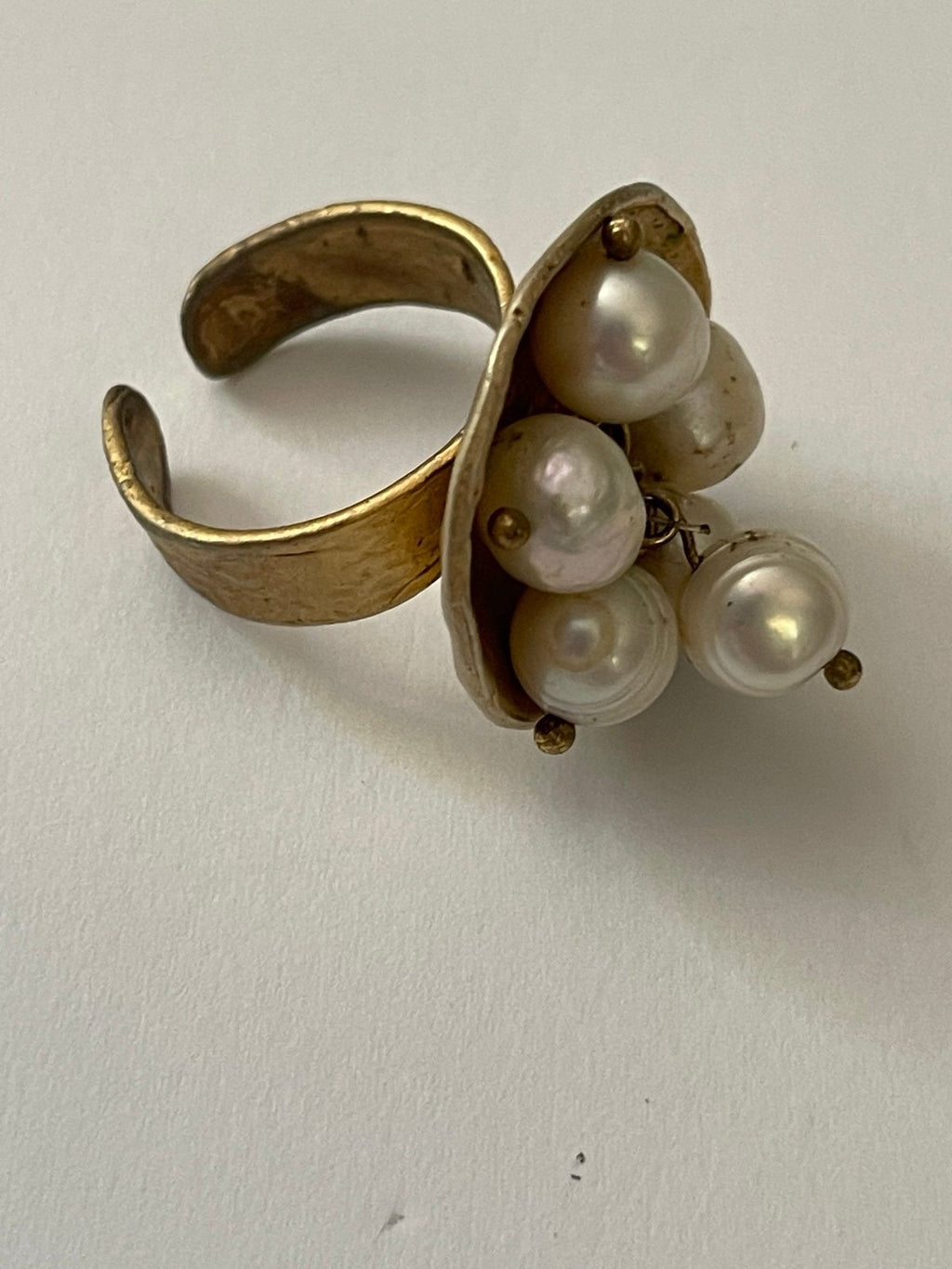 Vintage Gold-Toned Hand-Crafted Authentic Baroque Pearl Adjustable Cocktail Ring