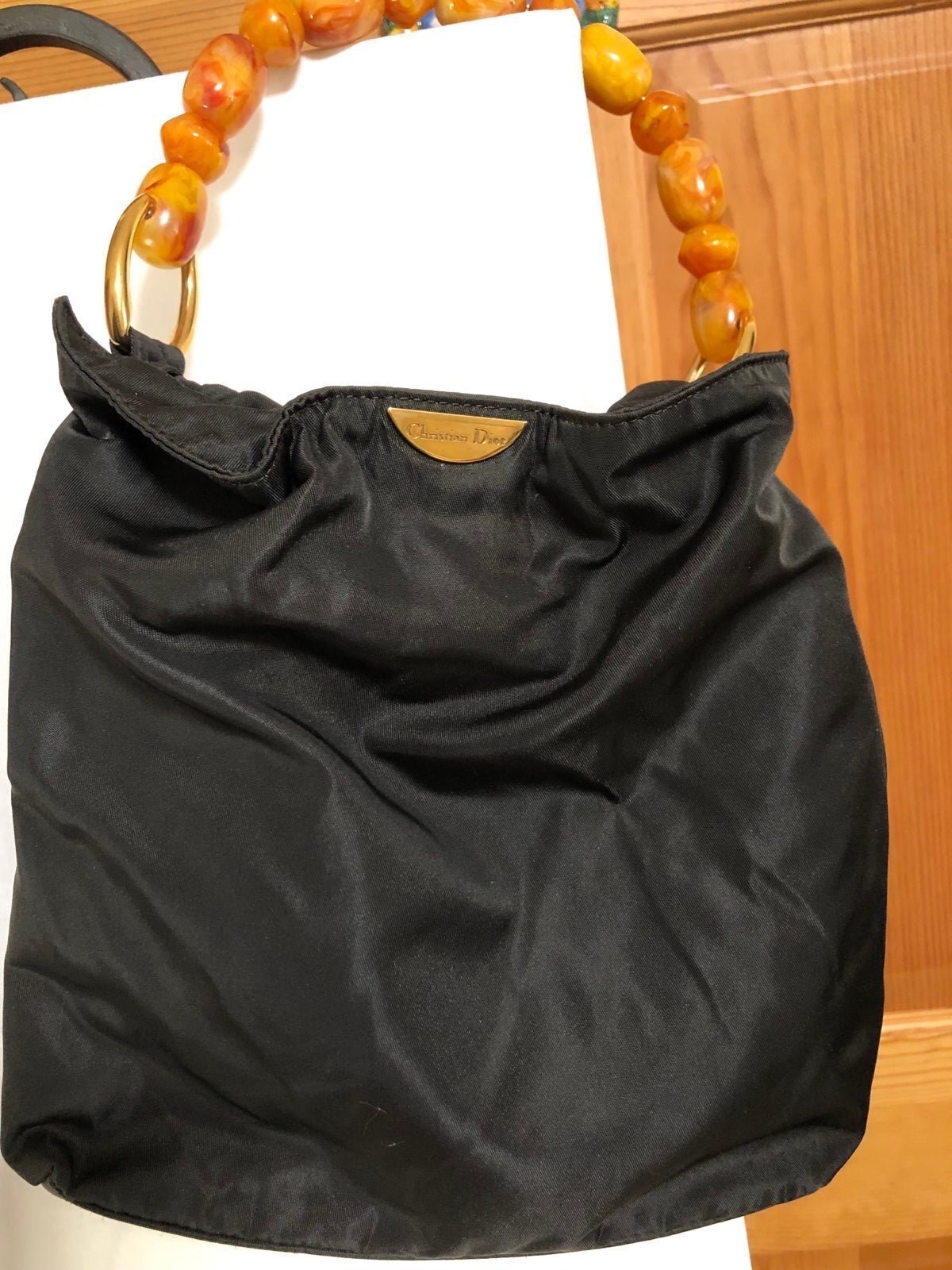 Christian Dior Black Handbag with Amber Beaded Handle