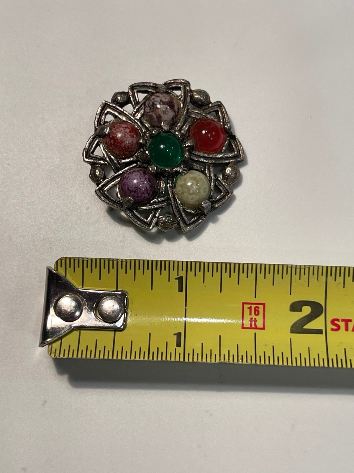 Vintage Celtic Silvertone Brooch w/Multi Colored Cabochon Stone