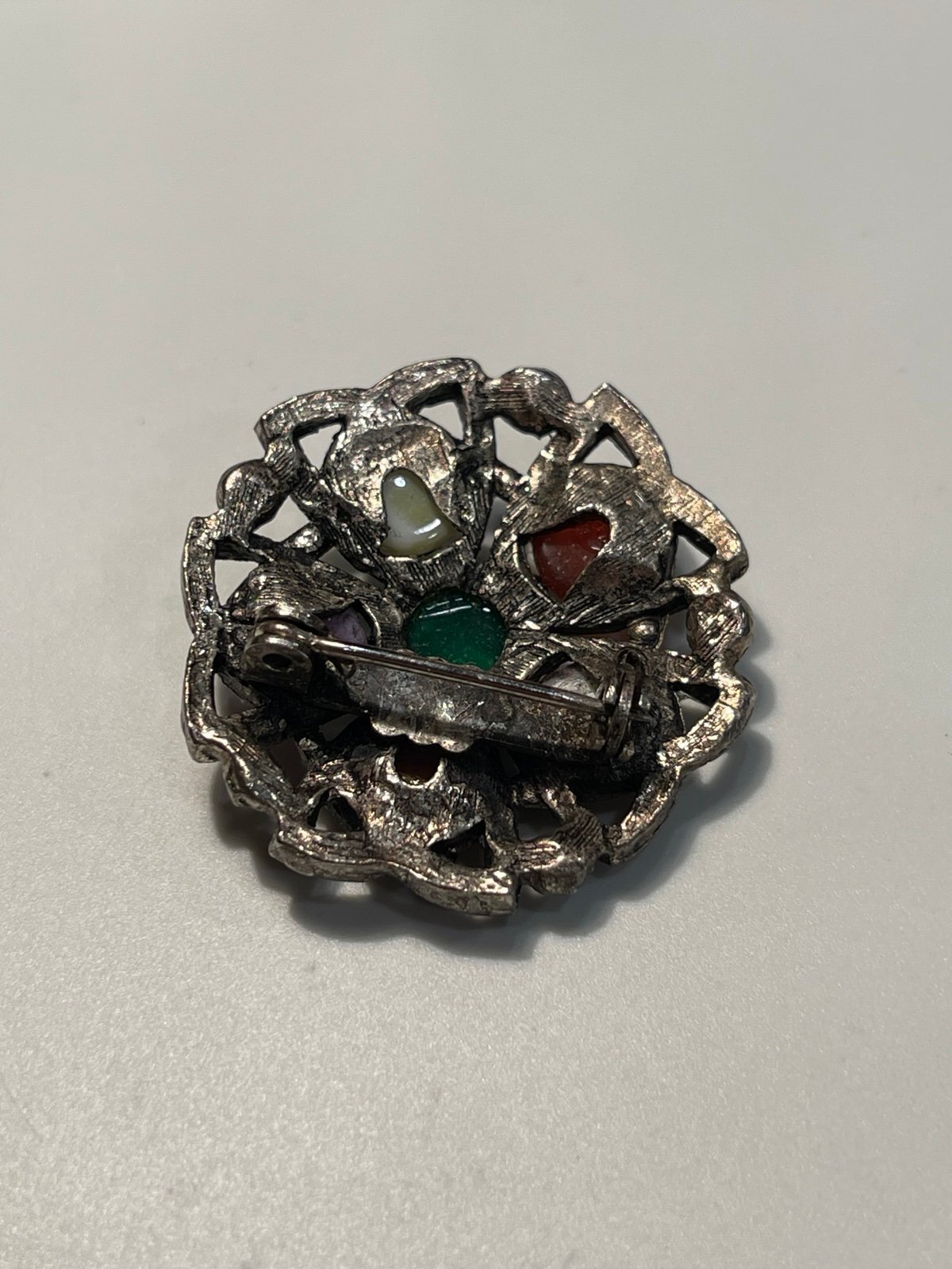 Vintage Celtic Silvertone Brooch w/Multi Colored Cabochon Stone