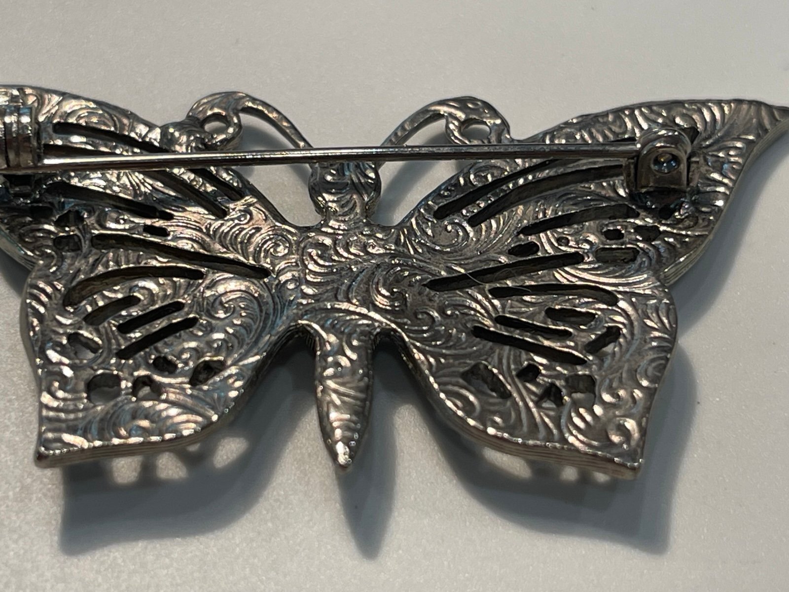 Marcasite & Rhinestone Filigree Design Butterfly Brooch