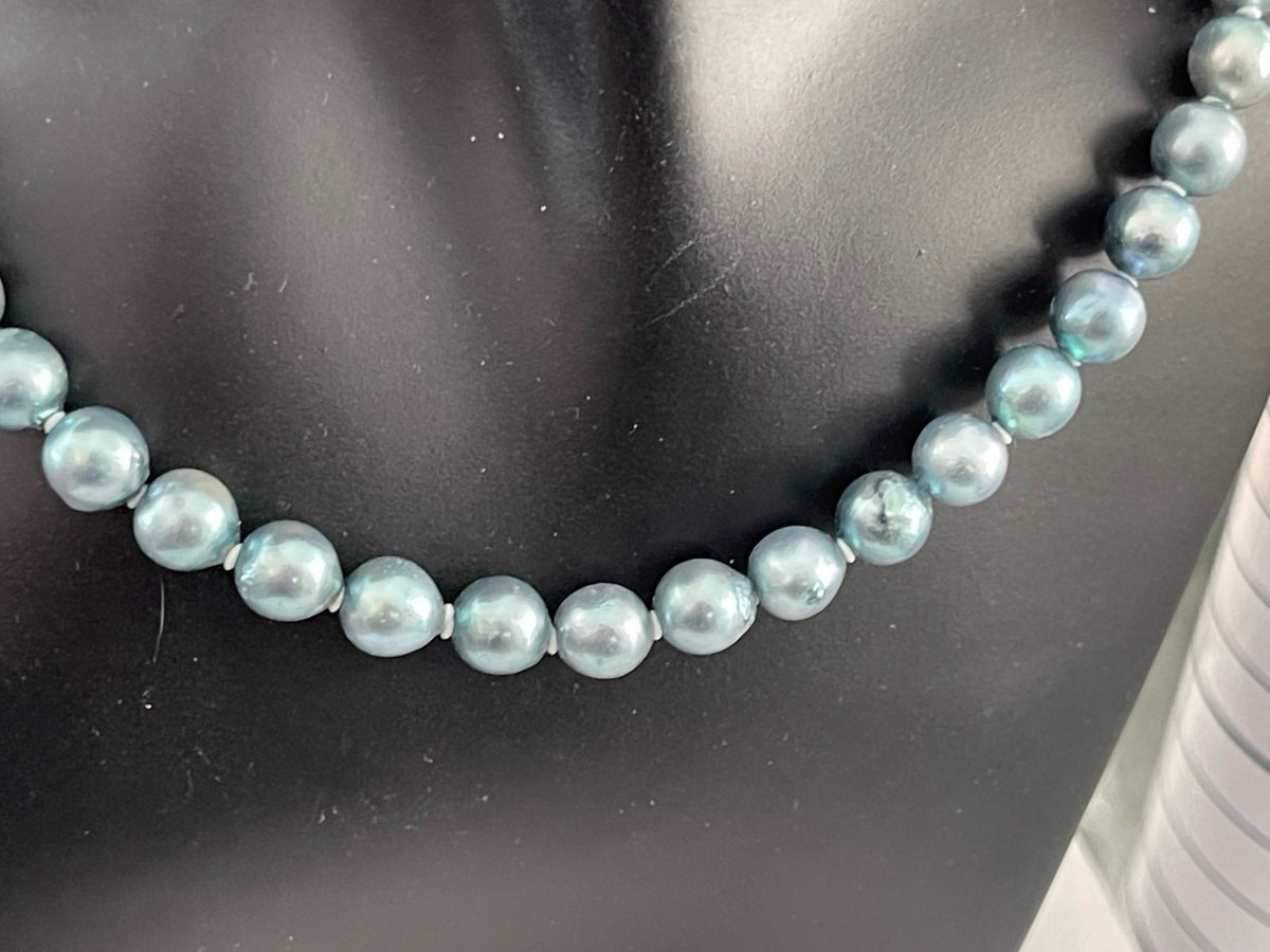 Vintage Light Blue Cultured Pearls with Sterling Silver Floral Clasp