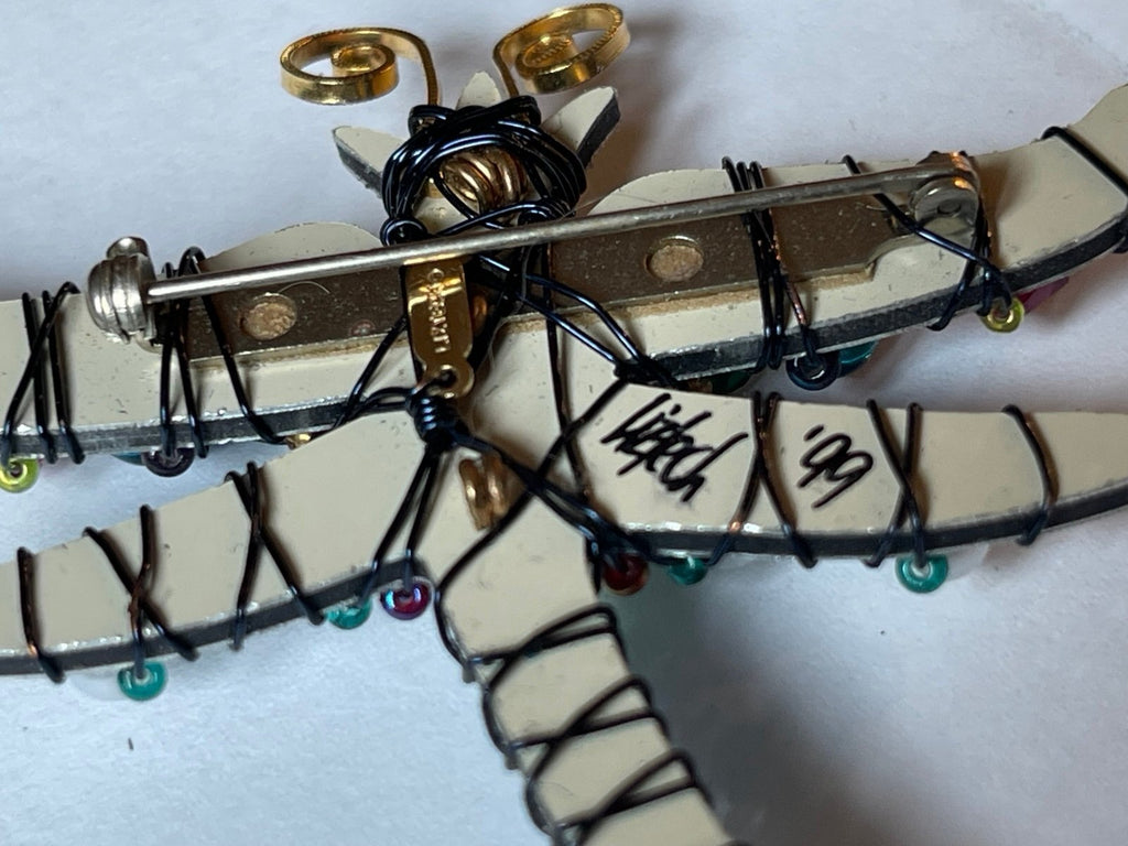Liztech 1999 Dragonfly Brooch Pin Signed Handmade Wire Wrapped Beaded Artisan