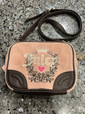 Juicy Couture Heritage Crossbody Dusty Blush Pink Brown Embroidered Heart Crown