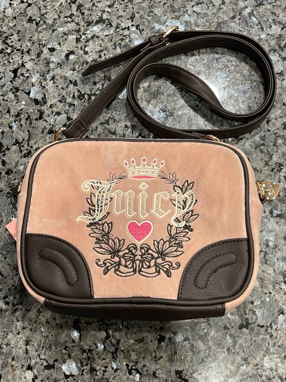 Juicy Couture Heritage Crossbody Dusty Blush Pink Brown Embroidered Heart Crown