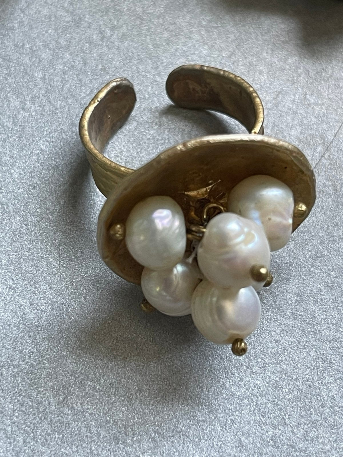 Vintage Gold-Toned Hand-Crafted Authentic Baroque Pearl Adjustable Cocktail Ring